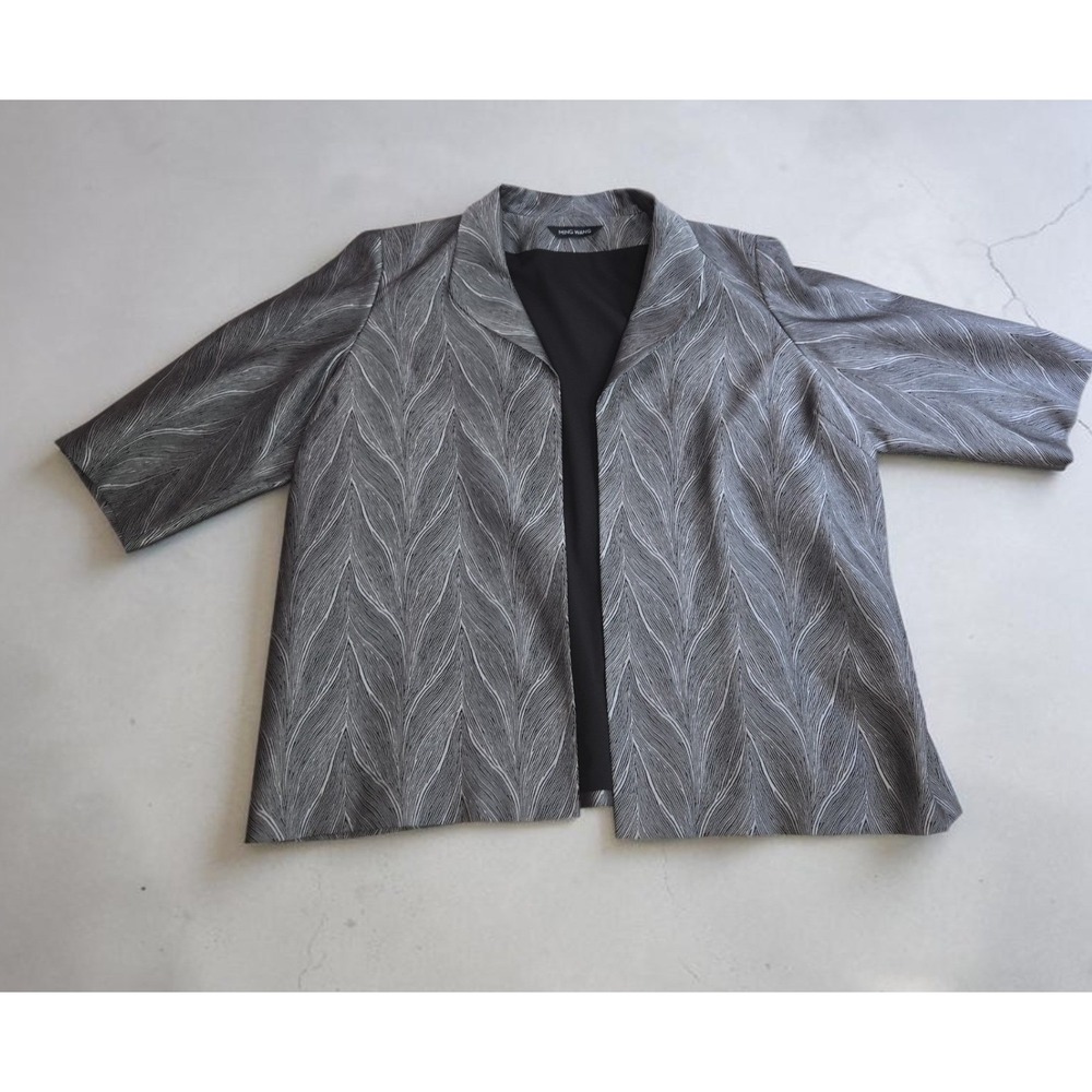 Ming Wang Grey Black Feather Pattern Open Front Short Sleeve Jacket Blazer